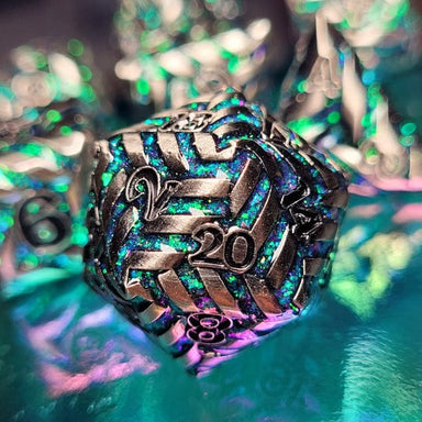 Dice - Metal Forged Gaming Cosmic Energy Nickel Green-Purple Metal RPG Dice Set of 7