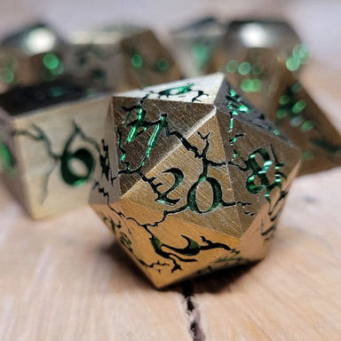 Dice - Metal Forged Gaming Cracked Looters Gold Set of 7 Metal Dice Set