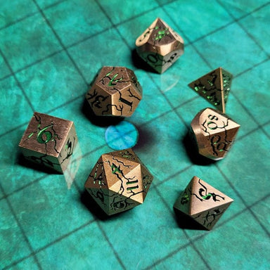 Dice - Metal Forged Gaming Cracked Looters Gold Set of 7 Metal Dice Set