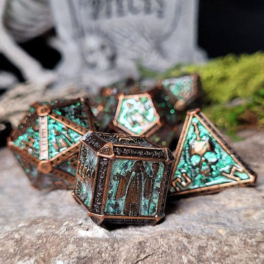 Dice - Metal Forged Gaming Cryptic Reliquary Shimmering Green Metal RPG Dice Set