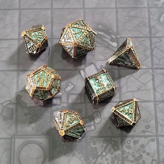 Dice - Metal Forged Gaming Cryptic Reliquary Shimmering Green Metal RPG Dice Set