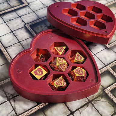 Fortunate Heart Set of 7 Heart-Shaped Metal RPG Dice and Heart Dice Box - Saltire Games