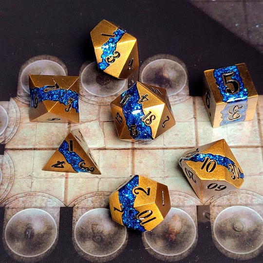 Dice - Metal Forged Gaming Galactic Flow Bronze Blue 7-Piece Metal Dice Set
