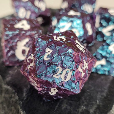 Dice - Metal Forged Gaming Meteorite Blue Purple Color Shift Metal RPG Dice Set of 7