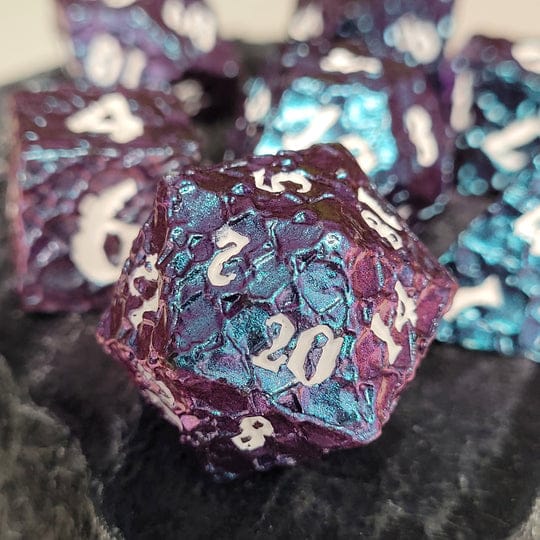 Dice - Metal Forged Gaming Meteorite Blue Purple Color Shift Metal RPG Dice Set of 7