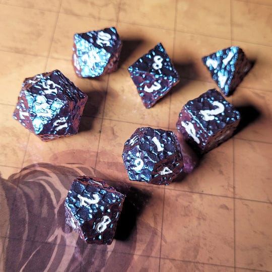 Dice - Metal Forged Gaming Meteorite Blue Purple Color Shift Metal RPG Dice Set of 7