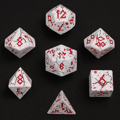 Barbarian Solid Metal Polyhedral Dice Set - Matt White w/Blood Splatter - Saltire Games