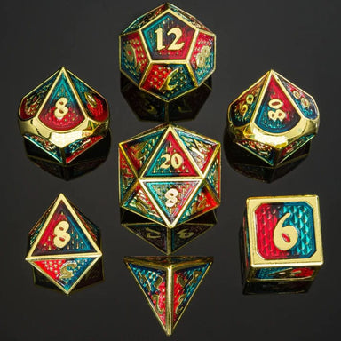 Behemoth Gold with Red and Blue 7 Dice Set - Saltire Games