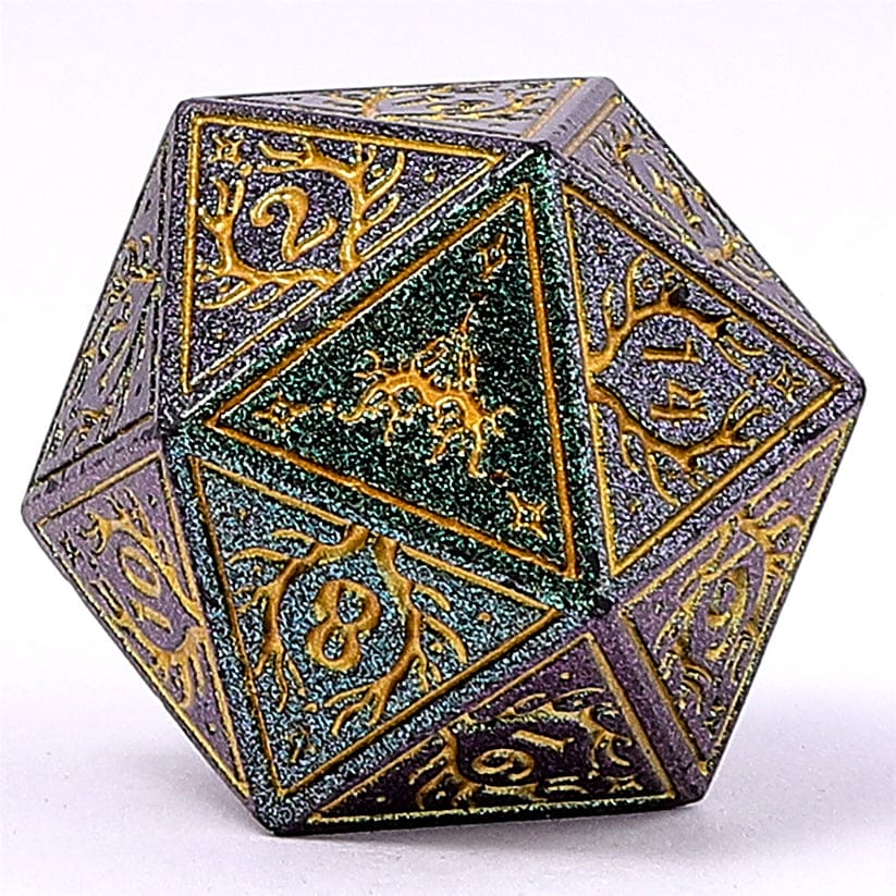 Dice - Metal Hymgho Druid Solid Metal RPG Dice Set - Glitter Green w/Gold