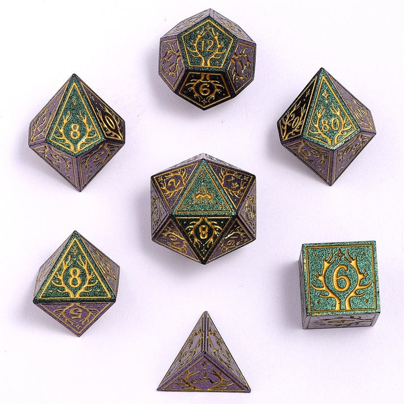 Dice - Metal Hymgho Druid Solid Metal RPG Dice Set - Glitter Green w/Gold
