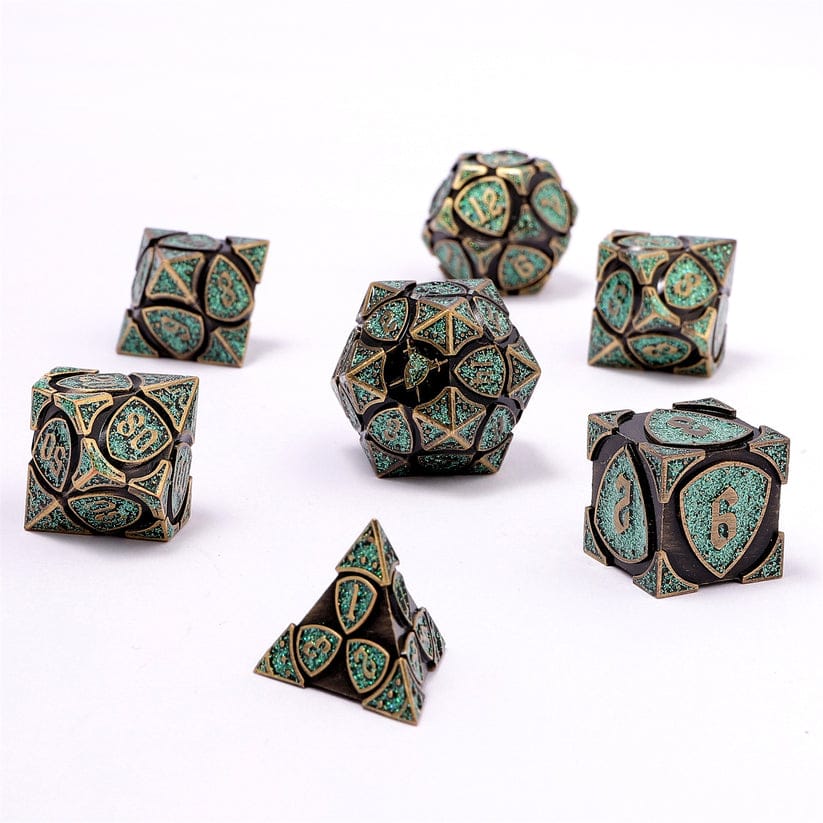 Dice - Metal Hymgho Fighter Solid Metal Polyhedral Dice Set-Ancient Bronze w/Glitter Green