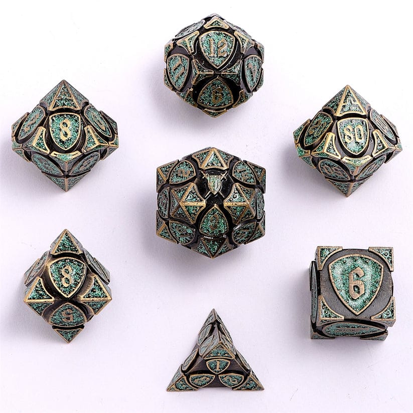 Dice - Metal Hymgho Fighter Solid Metal Polyhedral Dice Set-Ancient Bronze w/Glitter Green