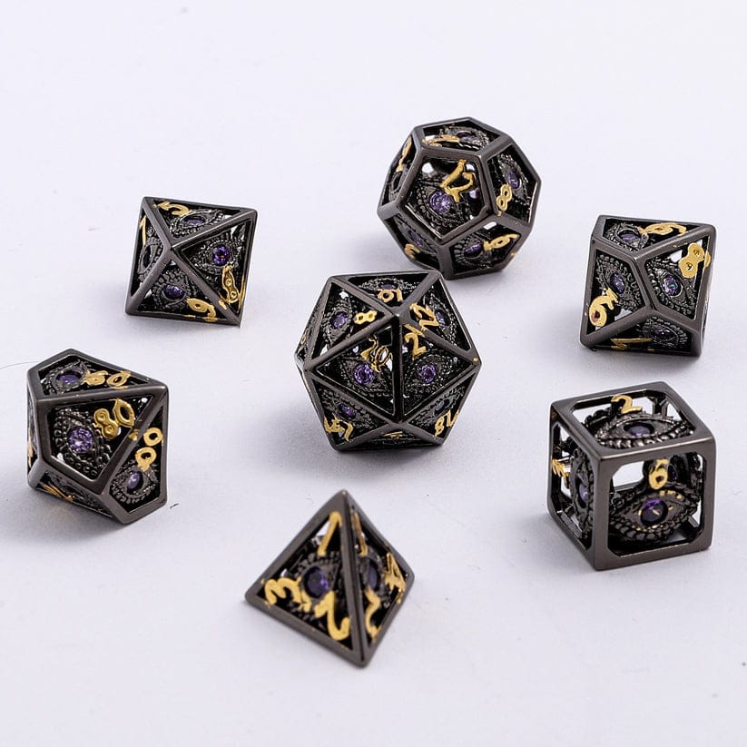 Dice - Metal - Hollow Hymgho Hollow 10mm mini Dragon's Eye dice set-Gunmetal with Purple Gems