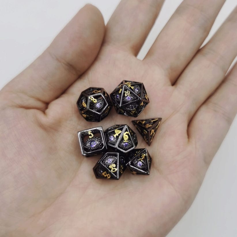 Dice - Metal - Hollow Hymgho Hollow 10mm mini Dragon's Eye dice set-Gunmetal with Purple Gems