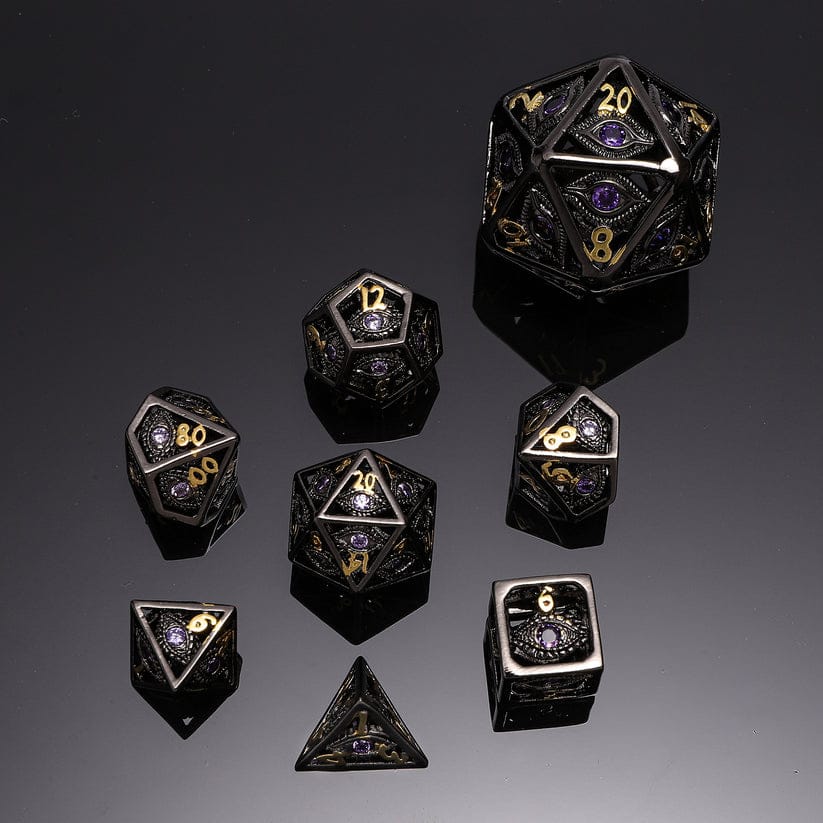 Dice - Metal - Hollow Hymgho Hollow 10mm mini Dragon's Eye dice set-Gunmetal with Purple Gems