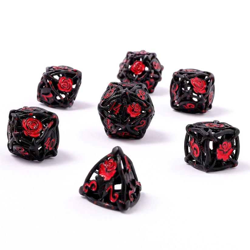 Dice - Metal - Hollow Hymgho Hollow Rose Polyhedral Metal Dice Set - Black w/Blood Spatter