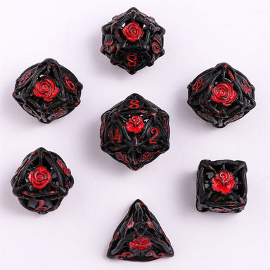 Dice - Metal - Hollow Hymgho Hollow Rose Polyhedral Metal Dice Set - Black w/Blood Spatter