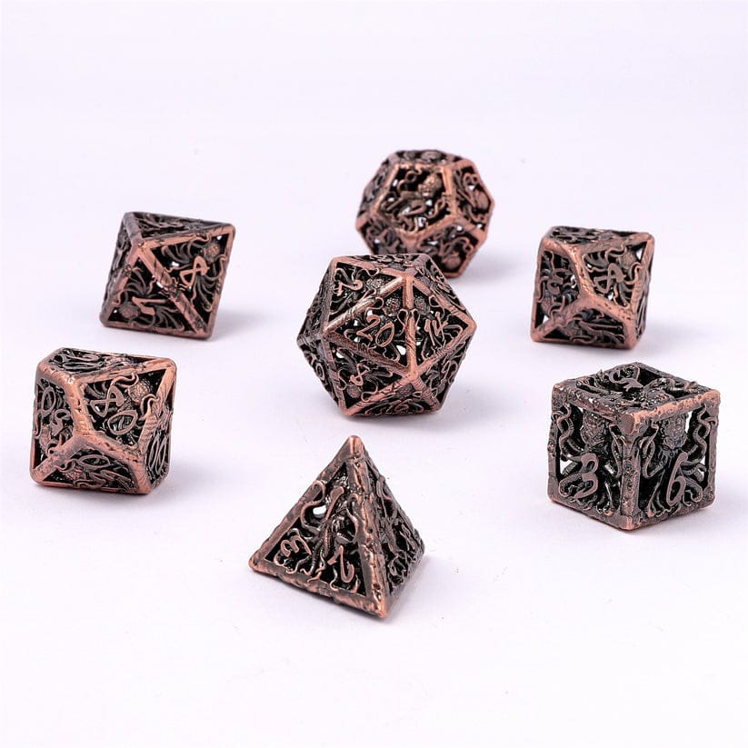 Dice - Metal - Hollow Hymgho Illithids Mind Cage Hollow Metal Dice Set - Ancient Copper