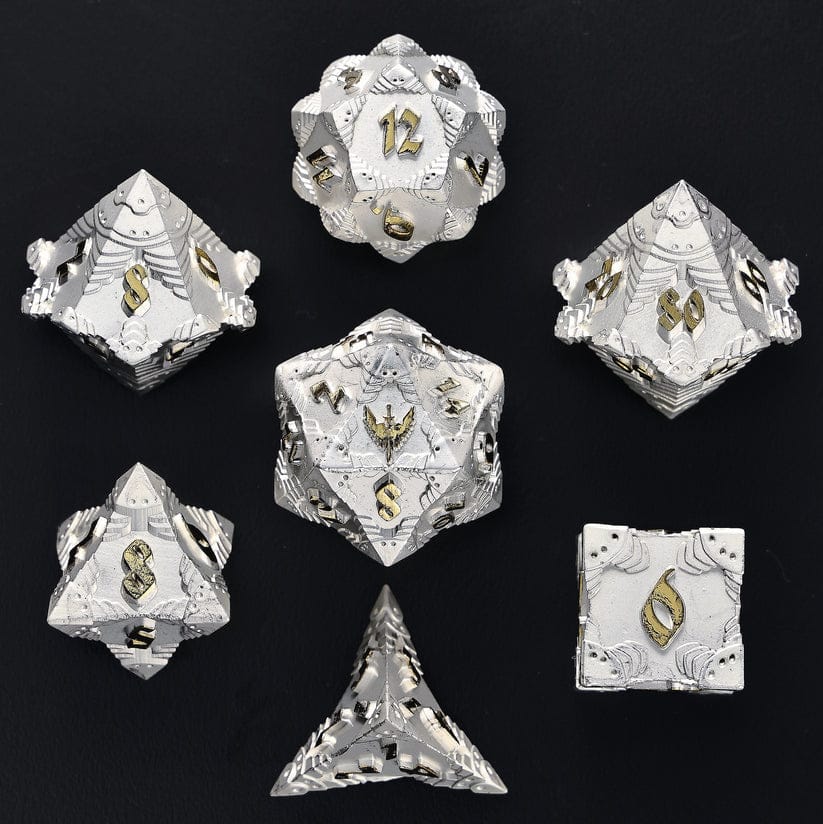 Dice - Metal Hymgho Paladin Solid Metal Polyhedral Dice Set-Matt Silver w/Gold
