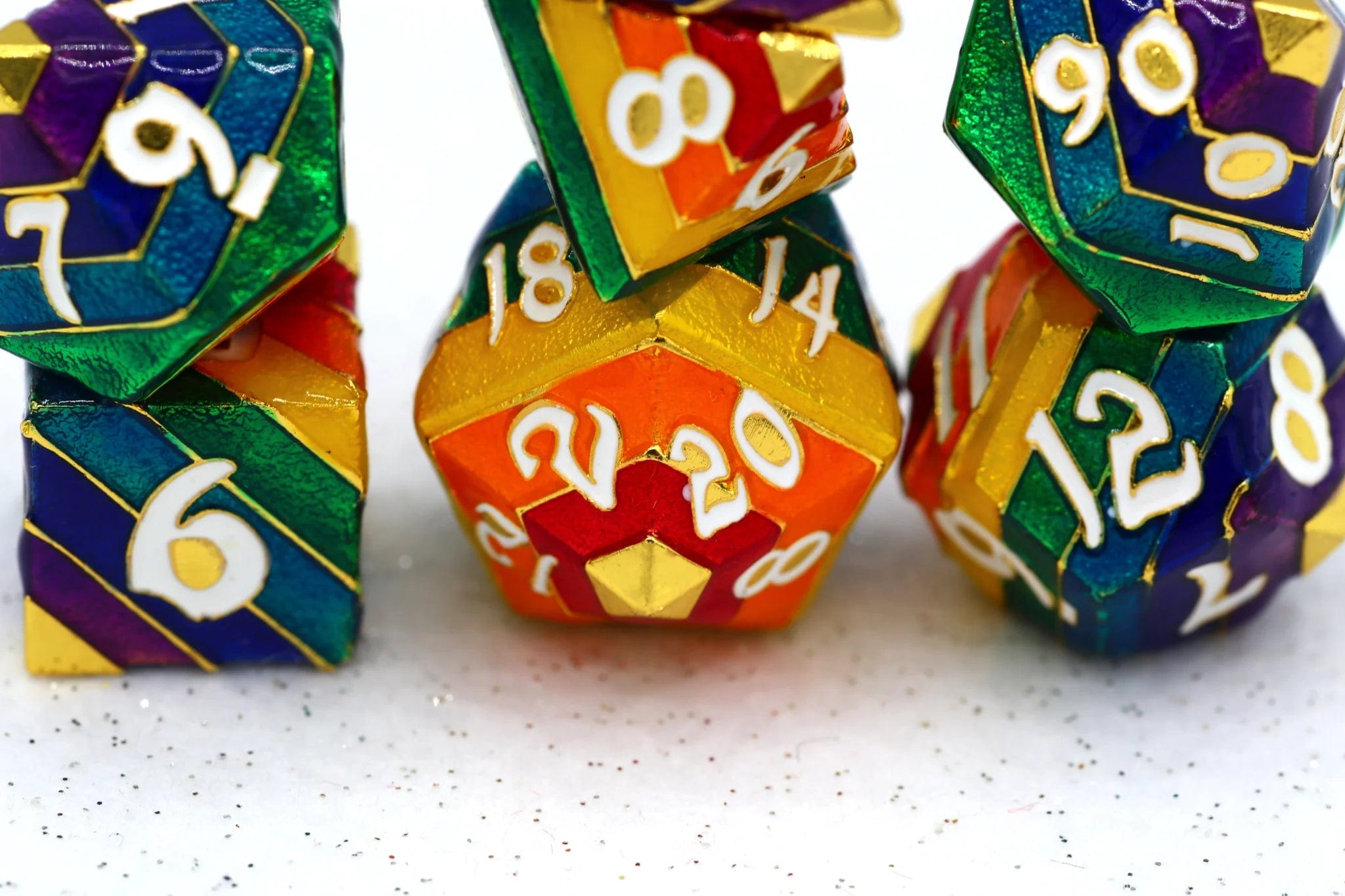 Rainbow Pride solid metal dice set - Gold with White Lettering - Saltire Games