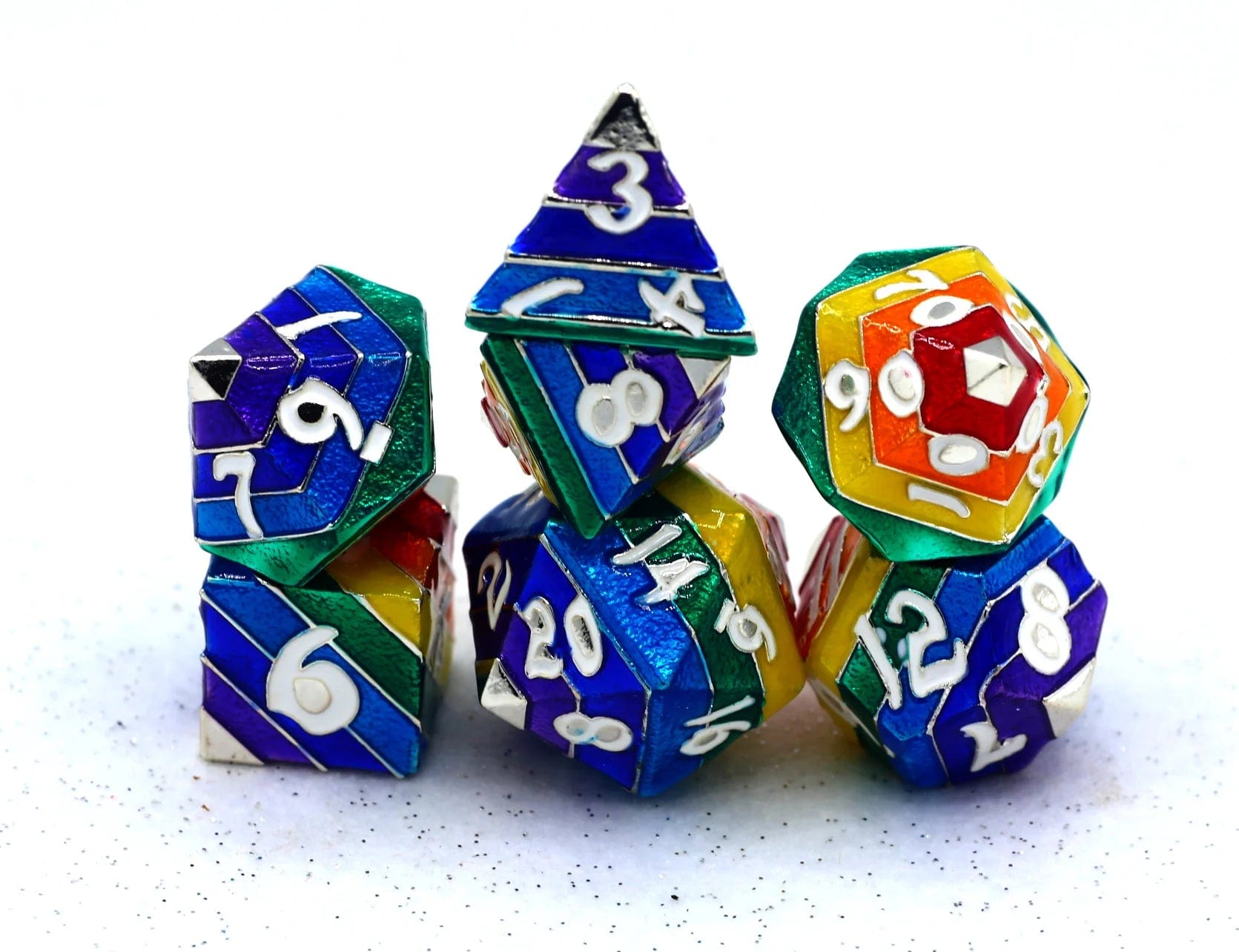 Rainbow Pride solid metal dice set - Silver with White Lettering - Saltire Games