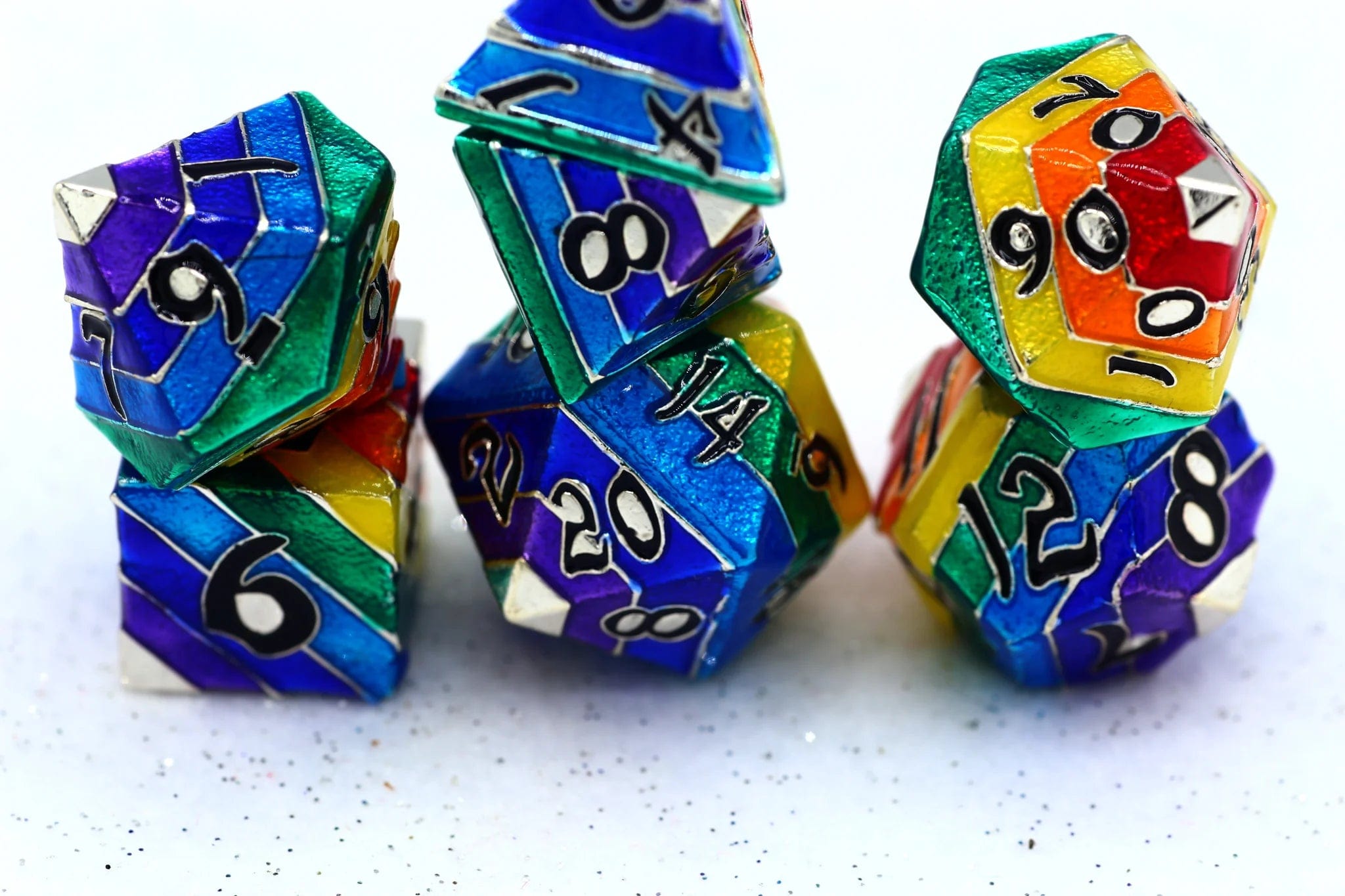 Rainbow Pride solid metal dice set - Silver with White Lettering - Saltire Games