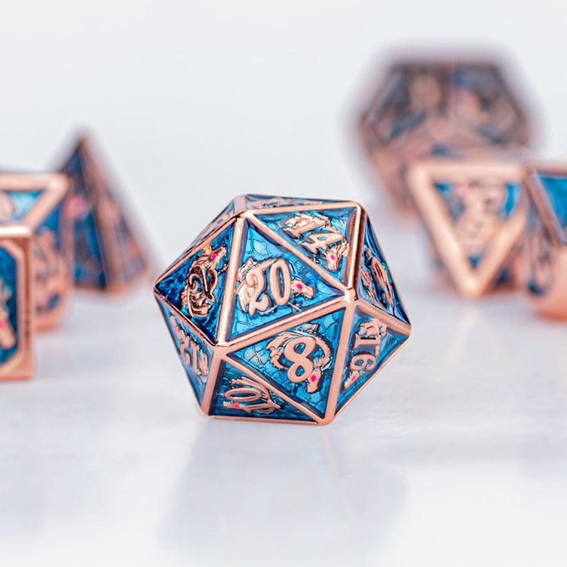 Dice - Metal Hymgho Rose gold Aquamarine hand painting solid metal dragon dice