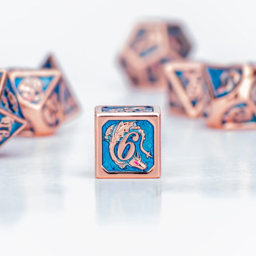 Dice - Metal Hymgho Rose gold Aquamarine hand painting solid metal dragon dice