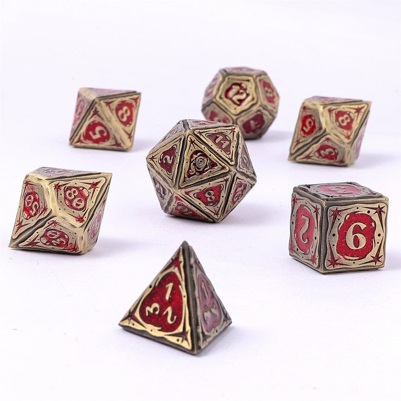 Dice - Metal Hymgho Sorcerer Solid Metal RPG Dice Set - Ancient Bronze w/Red Glitter