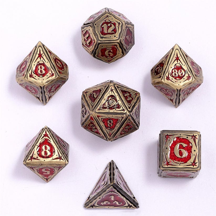 Dice - Metal Hymgho Sorcerer Solid Metal RPG Dice Set - Ancient Bronze w/Red Glitter