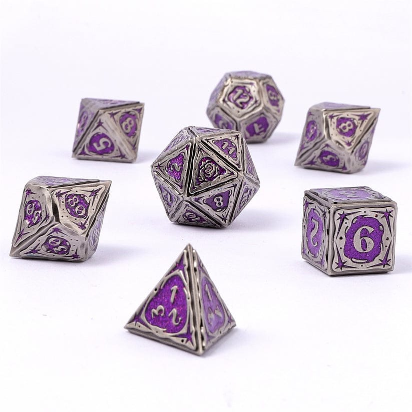 Dice - Metal Hymgho Sorcerer Solid Metal RPG Dice Set - Ancient Silver w/Purple Glitter