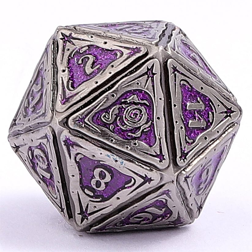 Dice - Metal Hymgho Sorcerer Solid Metal RPG Dice Set - Ancient Silver w/Purple Glitter