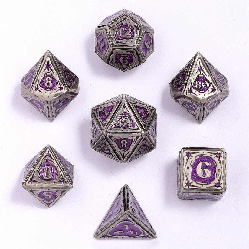Dice - Metal Hymgho Sorcerer Solid Metal RPG Dice Set - Ancient Silver w/Purple Glitter