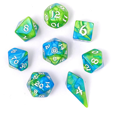 Wyrmforged Rollers - Rounded Edge 8 Piece Polyhedral Dice set - Verdant Stream - Saltire Games