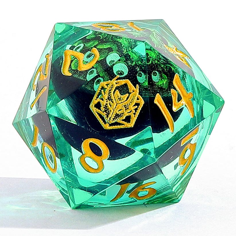 Dice - Resin - Liquid Core Hymgho "Always Watching" Sphere Of Many Eyes Sharp Edge Resin Dice Set-Green