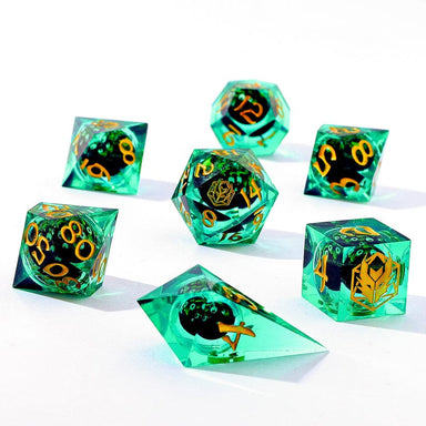 Dice - Resin - Liquid Core Hymgho "Always Watching" Sphere Of Many Eyes Sharp Edge Resin Dice Set-Green