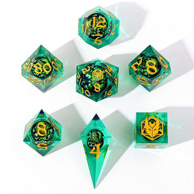 Dice - Resin - Liquid Core Hymgho "Always Watching" Sphere Of Many Eyes Sharp Edge Resin Dice Set-Green