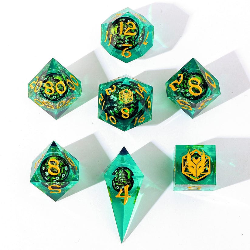 Dice - Resin - Liquid Core Hymgho "Always Watching" Sphere Of Many Eyes Sharp Edge Resin Dice Set-Green