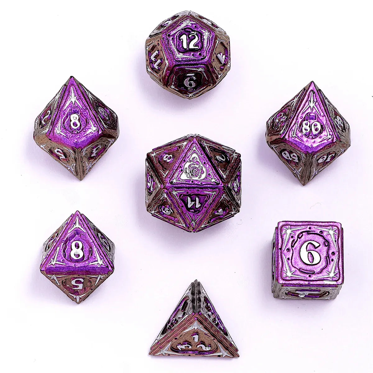Hymgho Sorcerer Solid Metal RPG Dice Set - Purple w/Silver