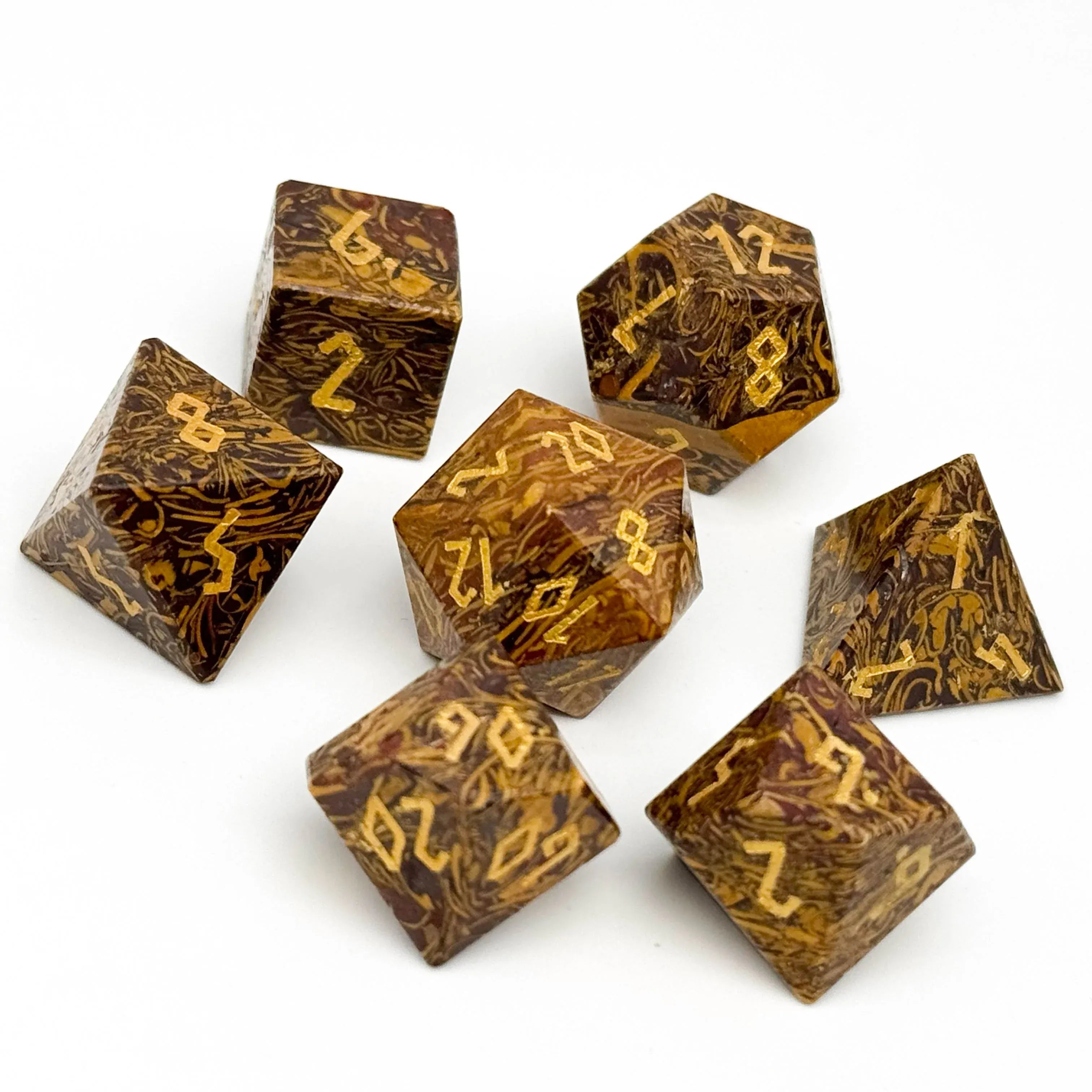 Dice - Gemstone Norse Foundry Golden Silk Jade - 7 Piece RPG Set TruStone Dice