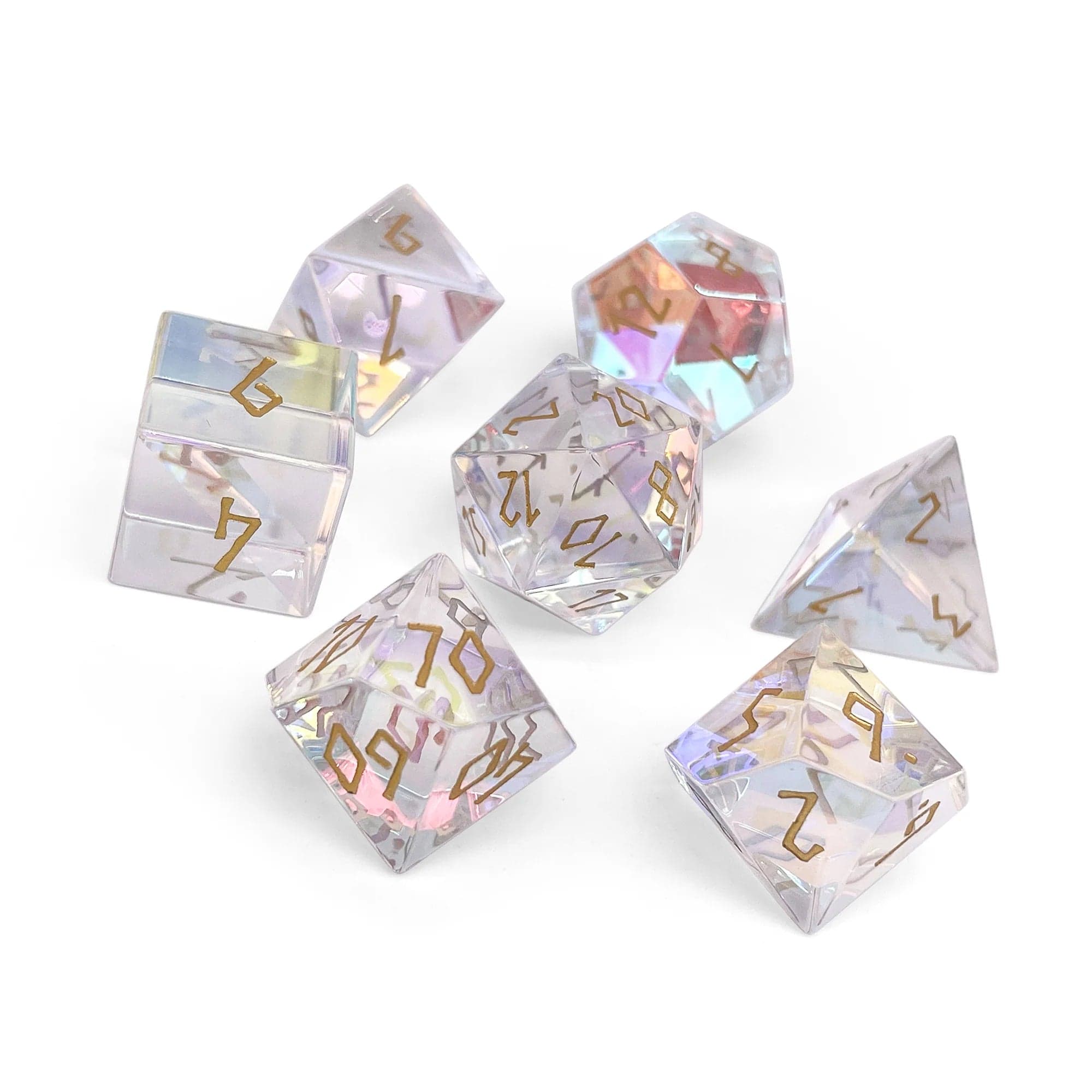 K9 Rainbow Glass Gold Font 7 Dice Set - Saltire Games