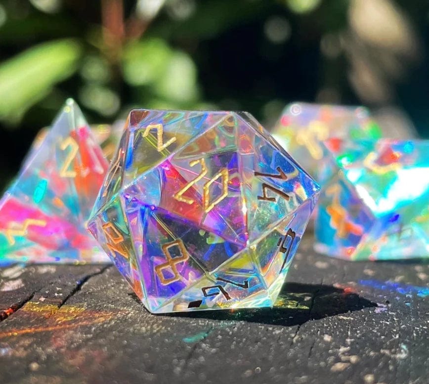 K9 Rainbow Glass Gold Font 7 Dice Set - Saltire Games
