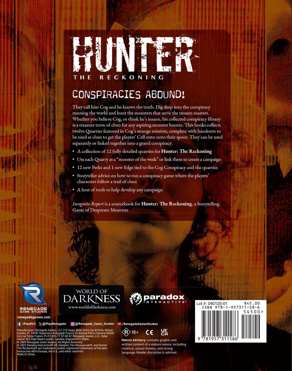 Hunter: The Reckoning 5th Edition Roleplaying Game Incognito Report Sourcebook - Saltire Games