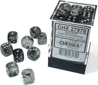 Borealis Light Smoke/silver Luminary 12mm d6 Dice Block (36 dice) - Saltire Games