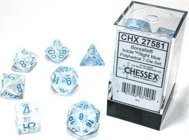 Borealis® Polyhedral Icicle™/light blue Luminary™ 7-Die Set - Saltire Games
