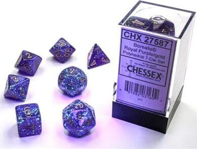Borealis Royal Purple/gold Luminary Polyhedral 7-Die Set - Saltire Games