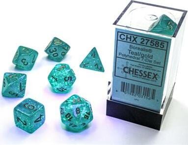 Borealis Teal/gold Luminary Polyhedral 7-Die Set - Saltire Games