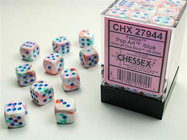 Festive Pop Art/blue 12mm d6 Dice Block (36 dice) - Saltire Games