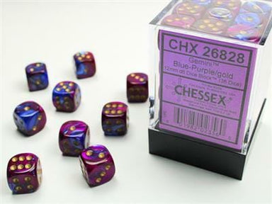 Gemini® 12mm D6 Blue-Purple/gold Dice Block (36 dice) - Saltire Games