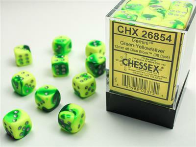 Gemini® 12mm D6 Green-Yellow/silver Dice Block™ (36 dice) - Saltire Games